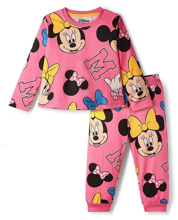 Babyhug Disney 100% Cotton Full Sleeves Night Suit With Minnie Mouse Print - Dark Pink