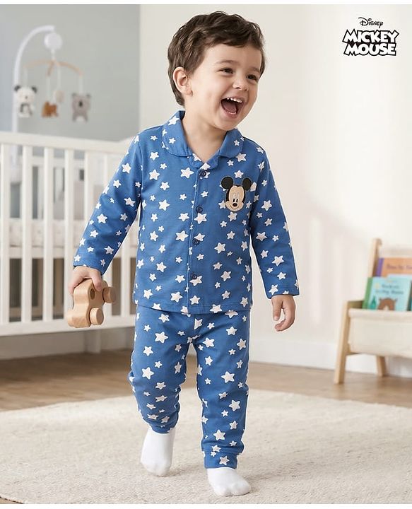 Babyhug Disney 100% Cotton Full Sleeves Front Open Co-Ords Night Suit With Mickey Mouse Graphics - Navy Blue
