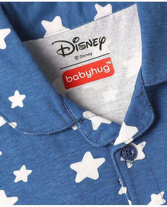 Babyhug Disney 100% Cotton Full Sleeves Front Open Co-Ords Night Suit With Mickey Mouse Graphics - Navy Blue