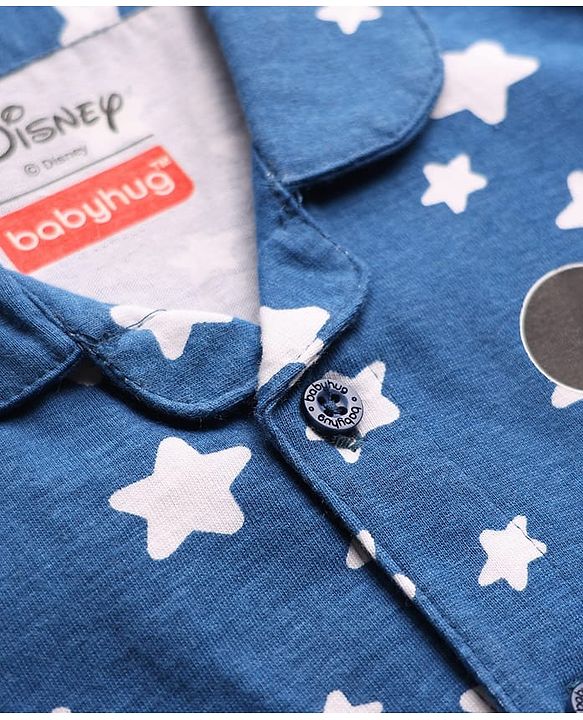 Babyhug Disney 100% Cotton Full Sleeves Front Open Co-Ords Night Suit With Mickey Mouse Graphics - Navy Blue