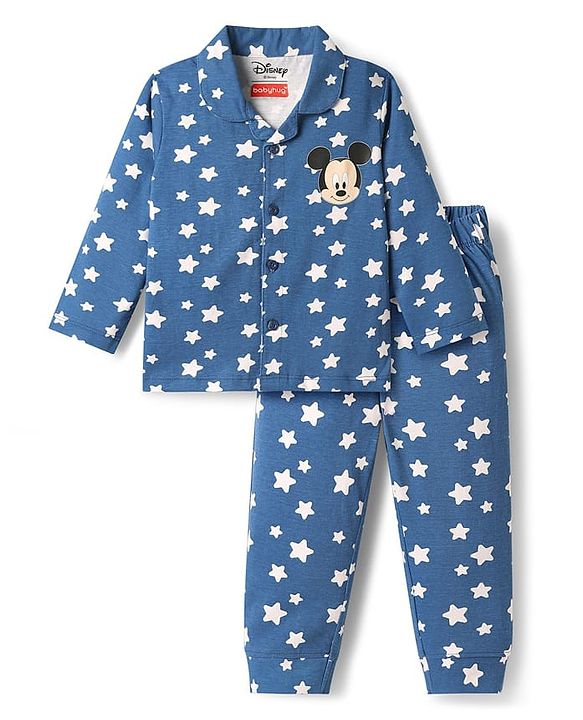 Babyhug Disney 100% Cotton Full Sleeves Front Open Co-Ords Night Suit With Mickey Mouse Graphics - Navy Blue