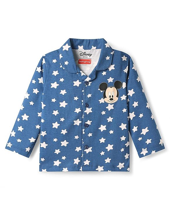 Babyhug Disney 100% Cotton Full Sleeves Front Open Co-Ords Night Suit With Mickey Mouse Graphics - Navy Blue