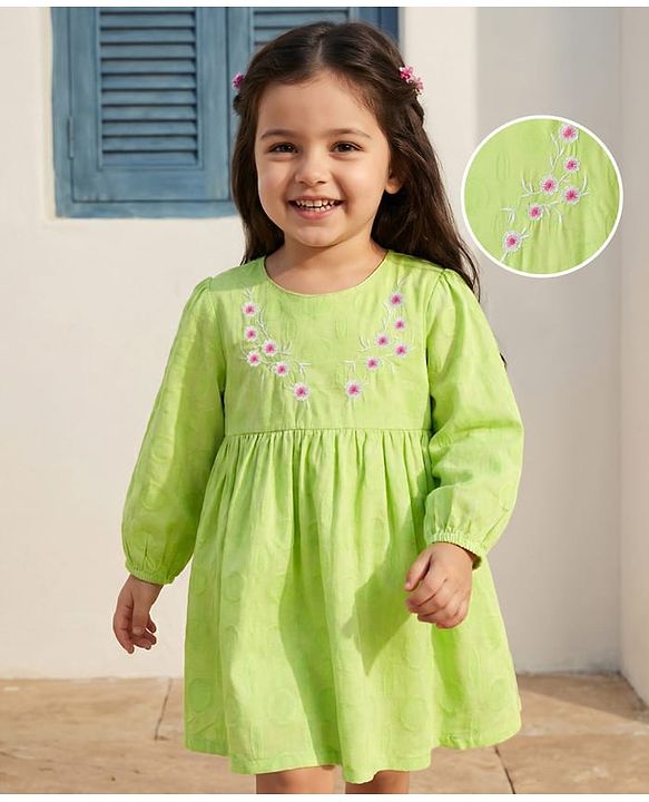 Babyhug Cotton Woven Full Sleeves Frock With Floral Embroidery - Light Green