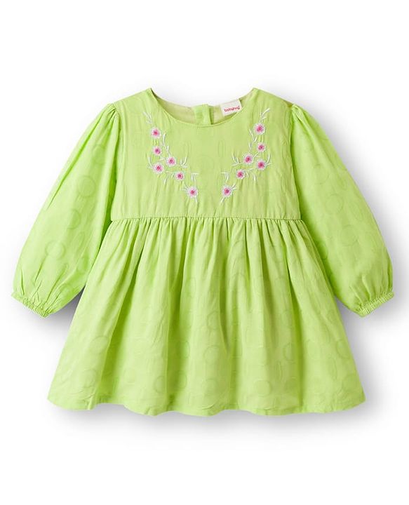 Babyhug Cotton Woven Full Sleeves Frock With Floral Embroidery - Light Green