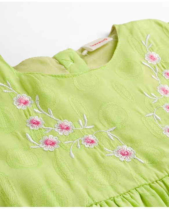 Babyhug Cotton Woven Full Sleeves Frock With Floral Embroidery - Light Green