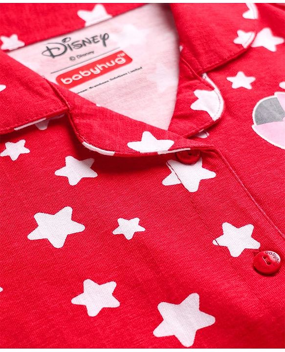 Babyhug Disney Single Jersey Knit Full Sleeves Night Suit With Minnie Mouse Print - Red