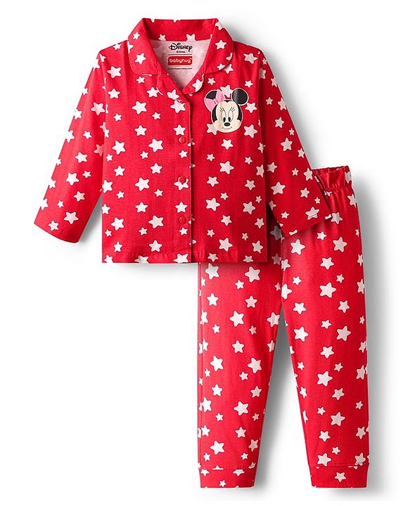 Babyhug Disney Single Jersey Knit Full Sleeves Night Suit With Minnie Mouse Print - Red