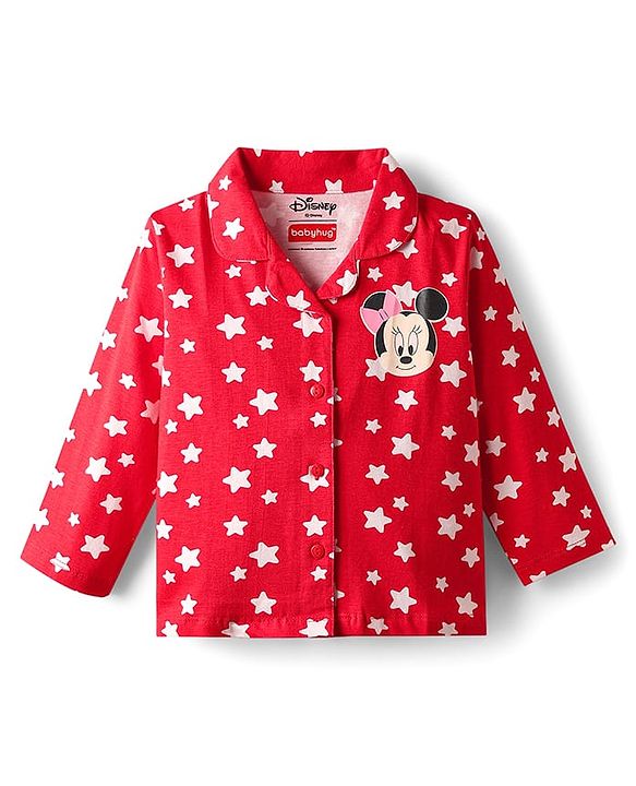 Babyhug Disney Single Jersey Knit Full Sleeves Night Suit With Minnie Mouse Print - Red