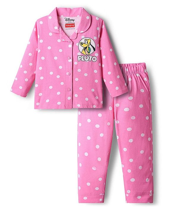 Babyhug Disney Single Jersey Knit Full Sleeves Front Open Night Suit with Minnie Mouse Graphics - Pink