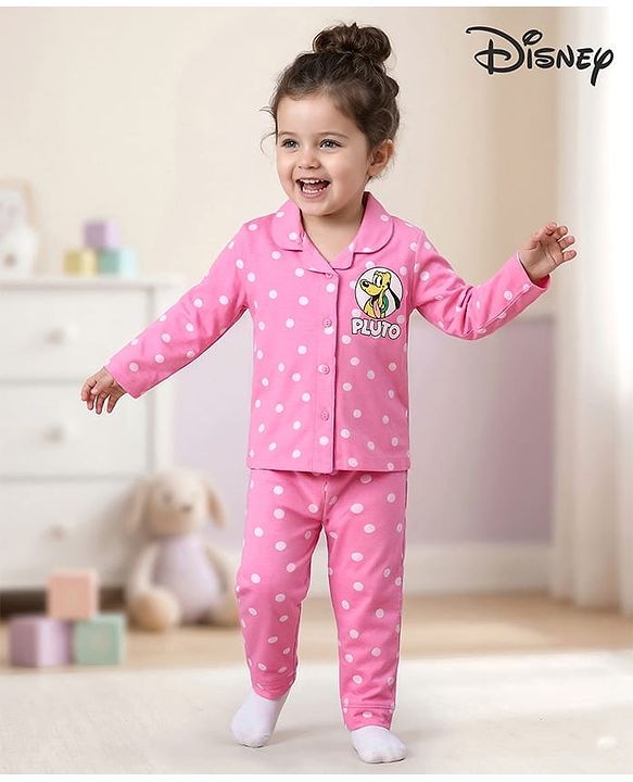 Babyhug Disney Single Jersey Knit Full Sleeves Front Open Night Suit with Minnie Mouse Graphics - Pink