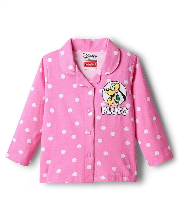 Babyhug Disney Single Jersey Knit Full Sleeves Front Open Night Suit with Minnie Mouse Graphics - Pink