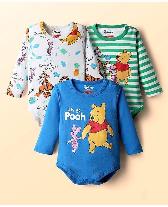 Babyhug Disney Interlock Knit Full Sleeves Onesies With Winnie & Friends Graphic Pack Of 3 - Blue White & Green