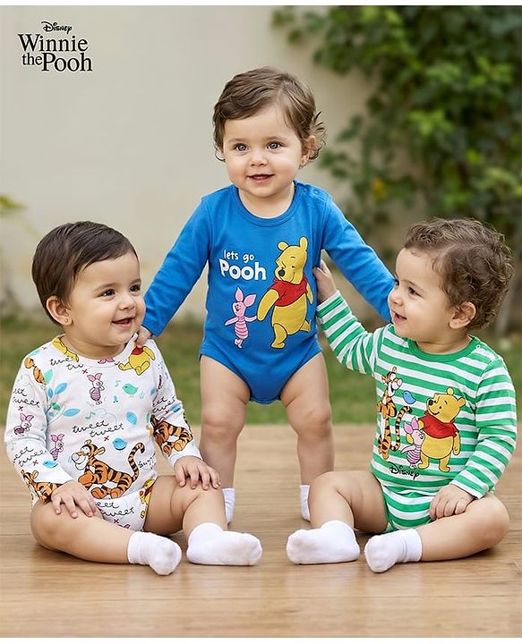 Babyhug Disney Interlock Knit Full Sleeves Onesies With Winnie & Friends Graphic Pack Of 3 - Blue White & Green