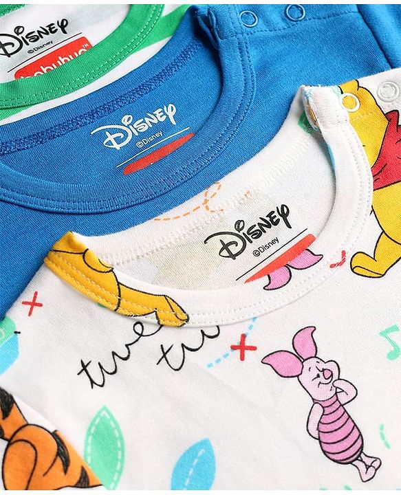 Babyhug Disney Interlock Knit Full Sleeves Onesies With Winnie & Friends Graphic Pack Of 3 - Blue White & Green