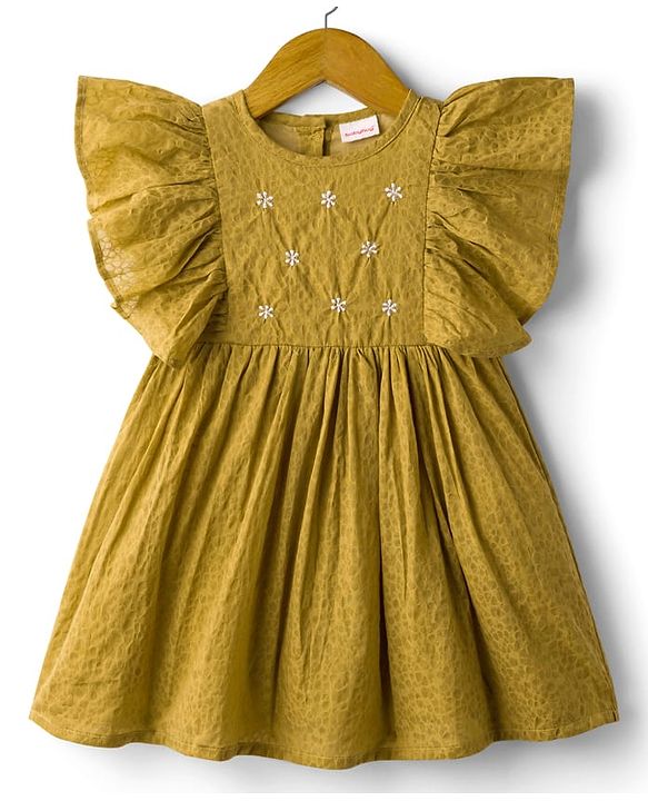 Babyhug Cotton Woven Flutter Sleeves Frock with Floral Embroidery - Olive Green