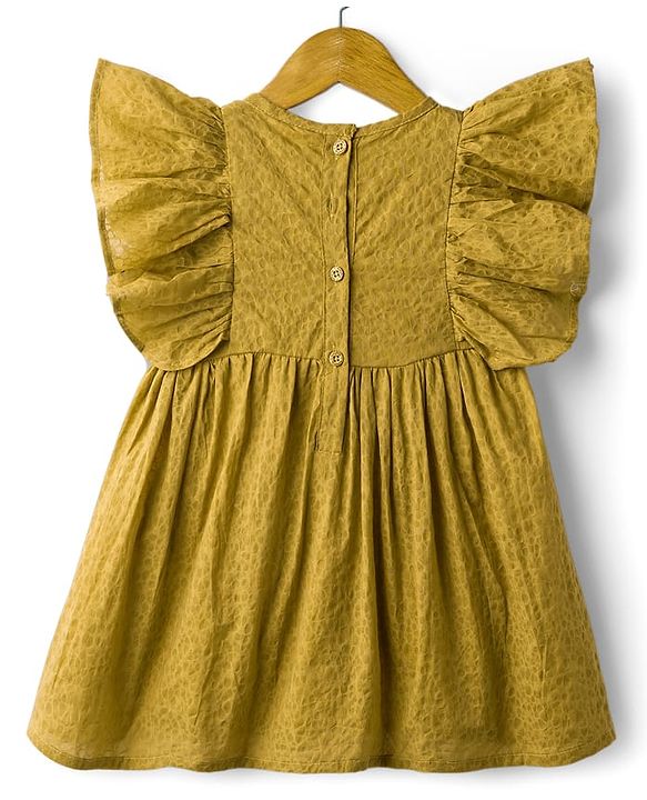Babyhug Cotton Woven Flutter Sleeves Frock with Floral Embroidery - Olive Green