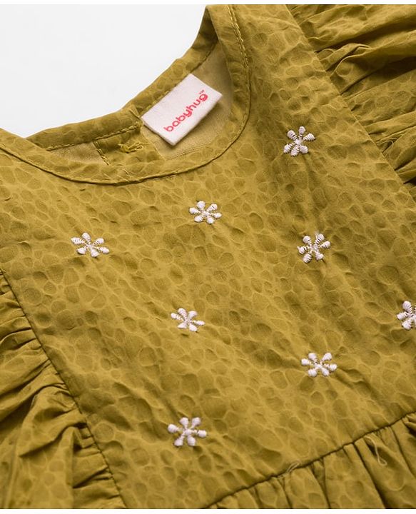 Babyhug Cotton Woven Flutter Sleeves Frock with Floral Embroidery - Olive Green