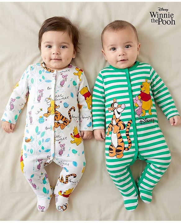 Babyhug Disney Interlock Knit Full Sleeves Footed Sleepsuit With Winnie & Friend Graphics Pack Of 2 - Green & White