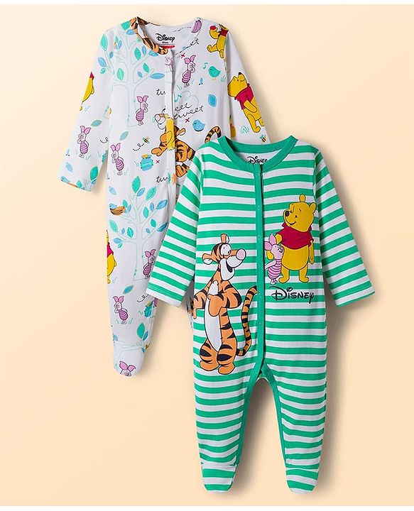 Babyhug Disney Interlock Knit Full Sleeves Footed Sleepsuit With Winnie & Friend Graphics Pack Of 2 - Green & White