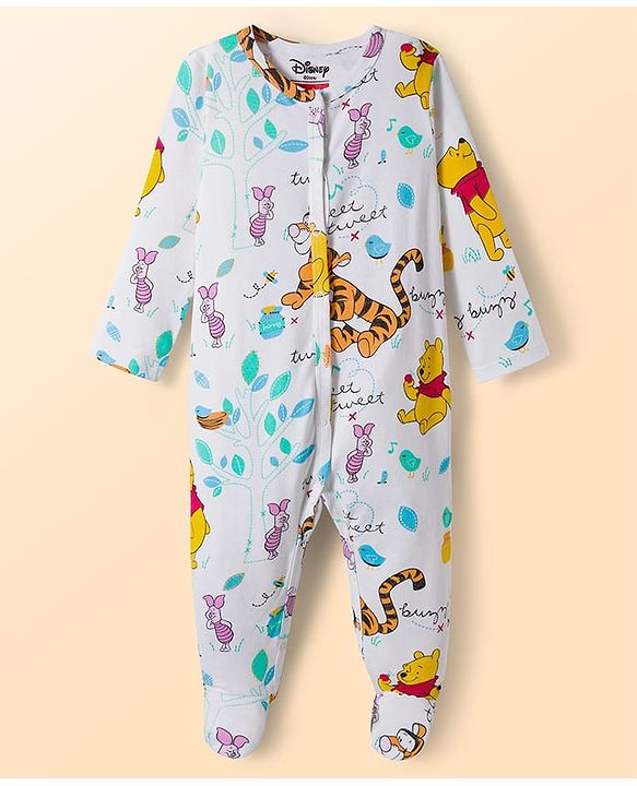 Babyhug Disney Interlock Knit Full Sleeves Footed Sleepsuit With Winnie & Friend Graphics Pack Of 2 - Green & White