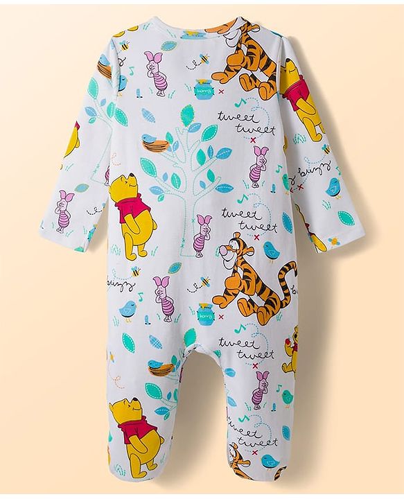 Babyhug Disney Interlock Knit Full Sleeves Footed Sleepsuit With Winnie & Friend Graphics Pack Of 2 - Green & White