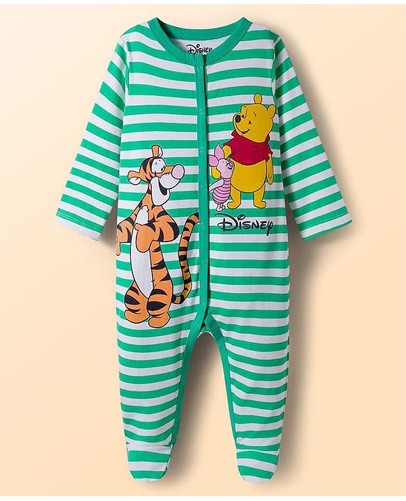 Babyhug Disney Interlock Knit Full Sleeves Footed Sleepsuit With Winnie & Friend Graphics Pack Of 2 - Green & White