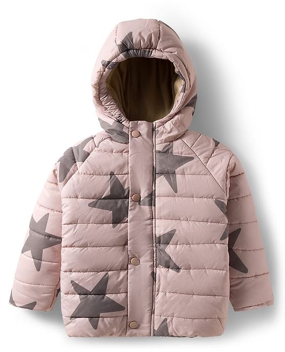 Babyhug Woven Full Raglan Sleeves Hooded Padded Jacket with Star Print - Beige