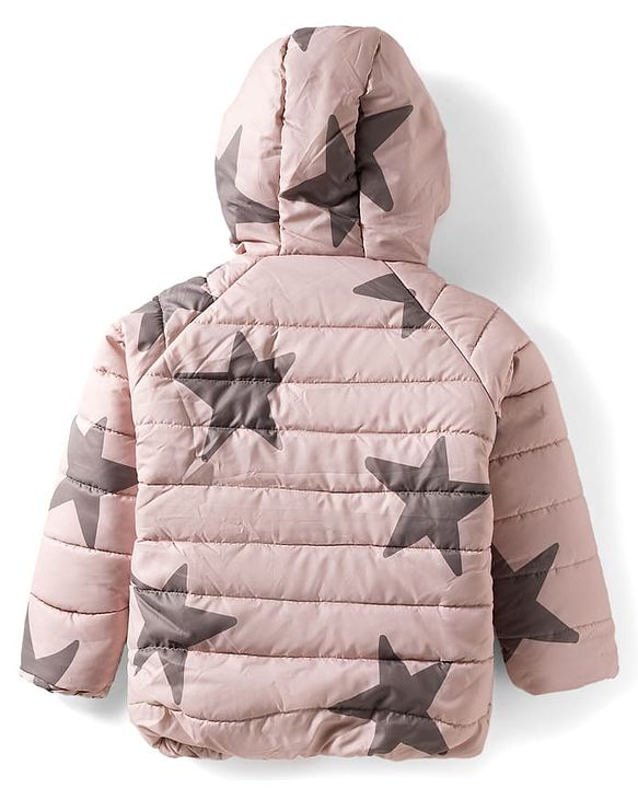 Babyhug Woven Full Raglan Sleeves Hooded Padded Jacket with Star Print - Beige