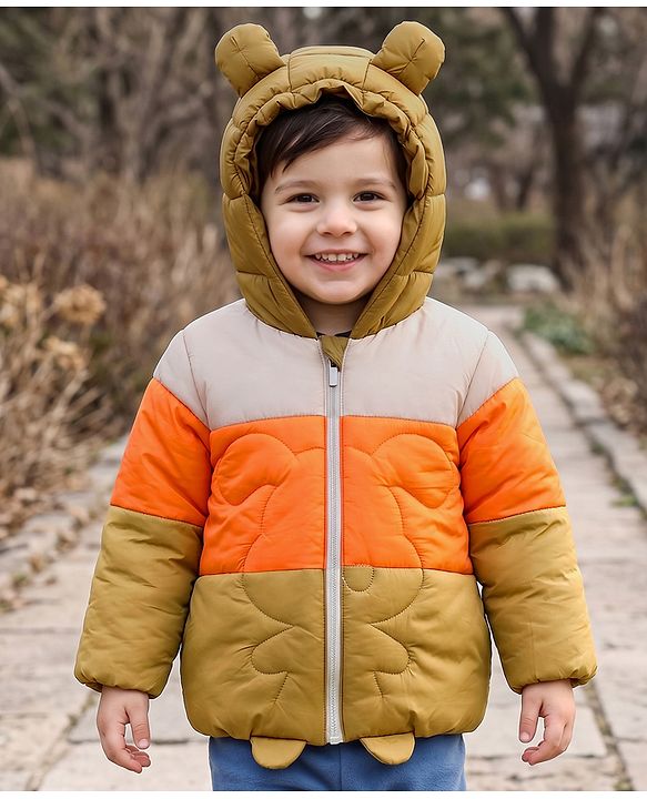 Babyhug Woven Full Sleeves Hooded Padded Jacket With Ear Applique - Beige