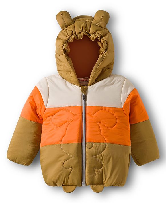 Babyhug Woven Full Sleeves Hooded Padded Jacket With Ear Applique - Beige