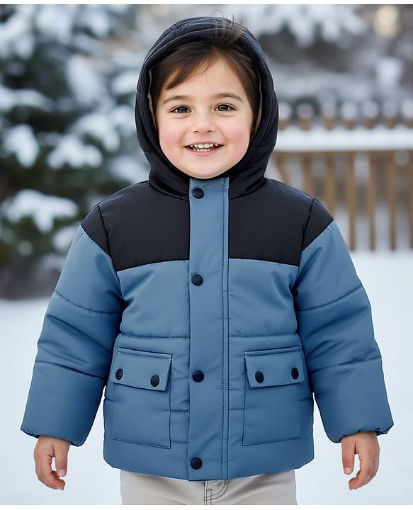 Babyhug Woven Full Sleeves Solid Hooded Padded Jacket - Blue