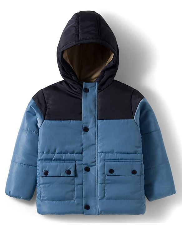 Babyhug Woven Full Sleeves Solid Hooded Padded Jacket - Blue