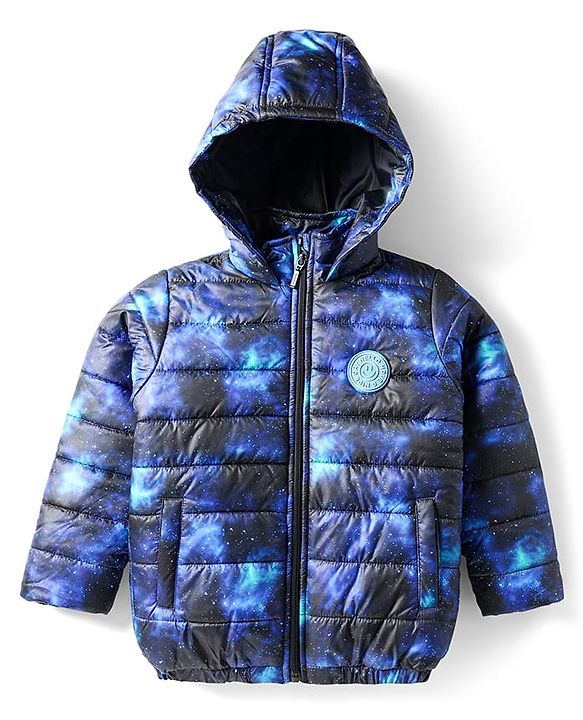 Babyhug Woven Full Sleeves Hooded Padded Jacket With Galaxy Theme Print - Navy Blue