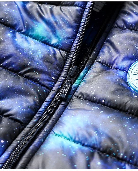 Babyhug Woven Full Sleeves Hooded Padded Jacket With Galaxy Theme Print - Navy Blue