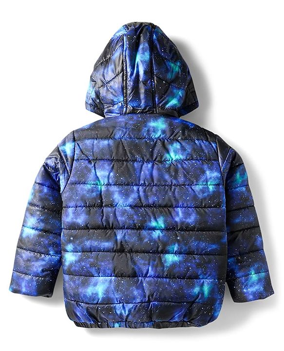 Babyhug Woven Full Sleeves Hooded Padded Jacket With Galaxy Theme Print - Navy Blue