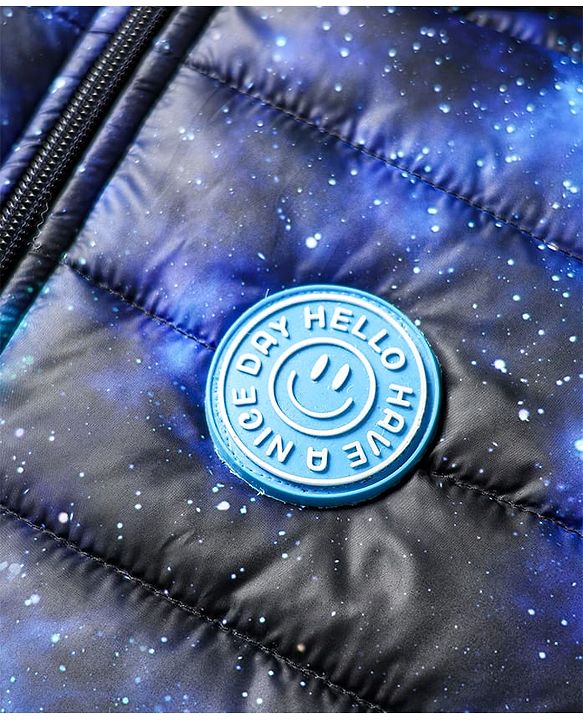 Babyhug Woven Full Sleeves Hooded Padded Jacket With Galaxy Theme Print - Navy Blue