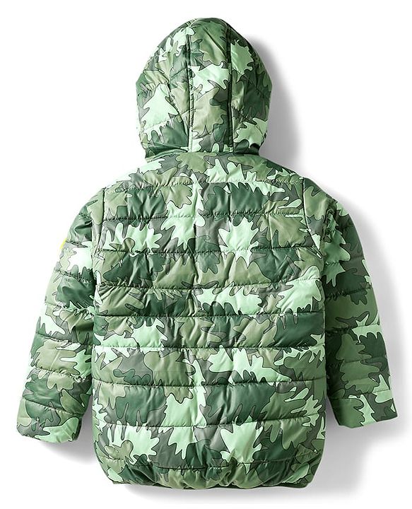 Babyhug Woven Full Sleeves Hooded Padded Jacket With Abstract Print - Olive Green