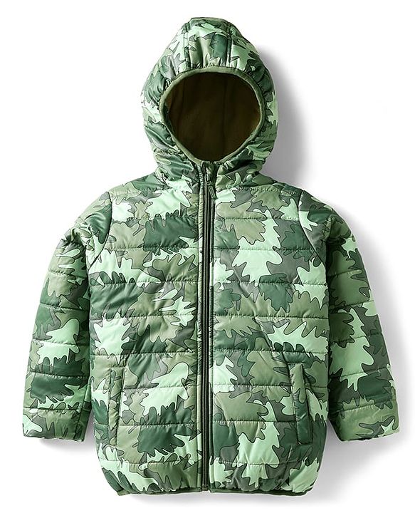 Babyhug Woven Full Sleeves Hooded Padded Jacket With Abstract Print - Olive Green