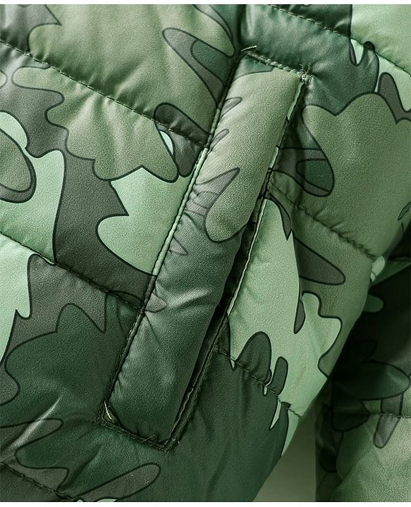 Babyhug Woven Full Sleeves Hooded Padded Jacket With Abstract Print - Olive Green