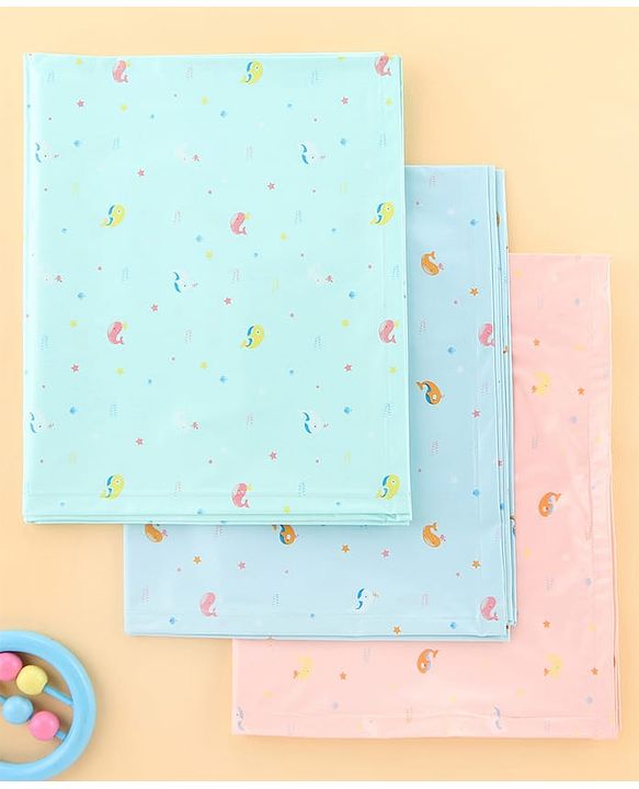 Babyhug Soft Plastic 100% Waterproof Bed Protector&Diaper Changing Sheet Dolphin Print Medium Size- Pack of 3| Easy to Clean| Travel Friendly
