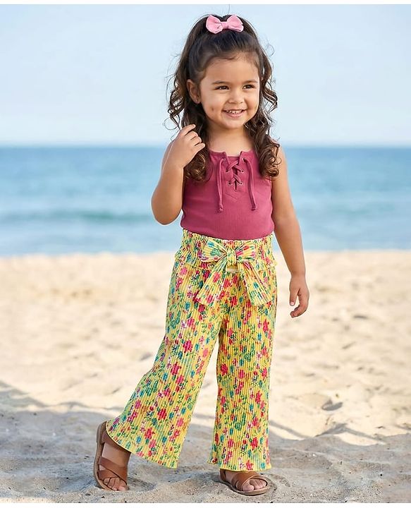 Babyhug Cotton Knit Full Length Culottes With Floral Print - Yellow