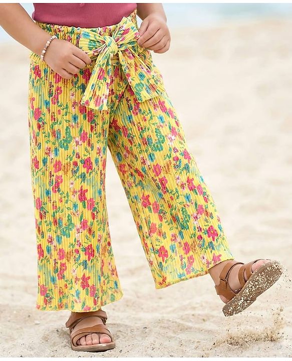 Babyhug Cotton Knit Full Length Culottes With Floral Print - Yellow