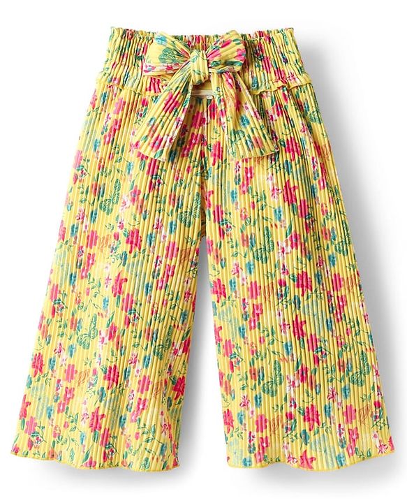 Babyhug Cotton Knit Full Length Culottes With Floral Print - Yellow