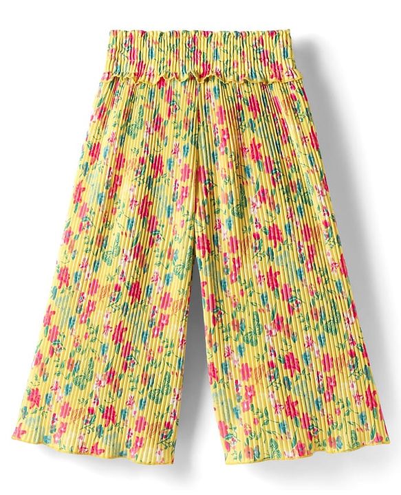 Babyhug Cotton Knit Full Length Culottes With Floral Print - Yellow