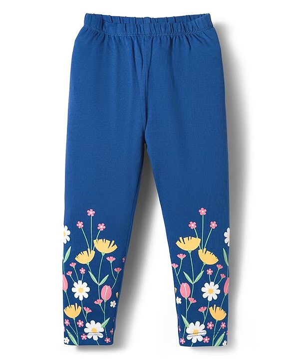 Babyhug Cotton Lycra Knit Full Length Legging with Floral Print - Navy Blue