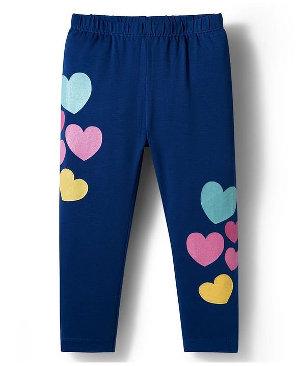 Babyhug Cotton Lycra Knit Full Length Leggings With Heart Print - Navy Blue