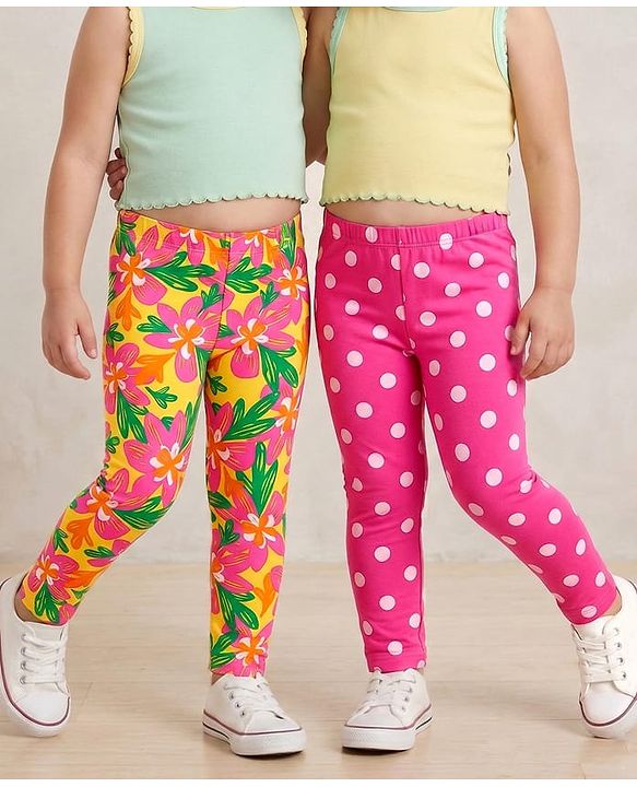 Babyhug Knit Full Length Leggings With Polka Dots & Floral Print Pack of 2  - Dark Pink & Yellow