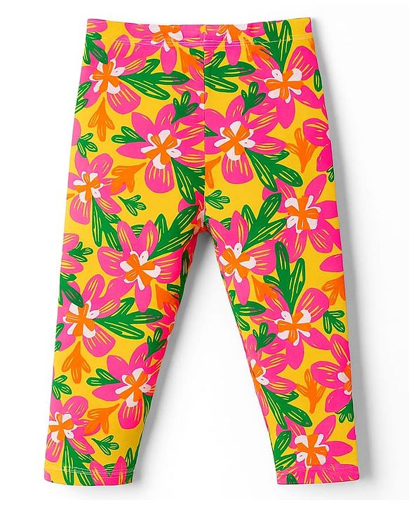 Babyhug Knit Full Length Leggings With Polka Dots & Floral Print Pack of 2  - Dark Pink & Yellow