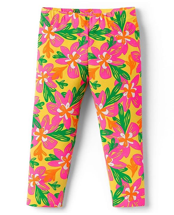 Babyhug Knit Full Length Leggings With Polka Dots & Floral Print Pack of 2  - Dark Pink & Yellow