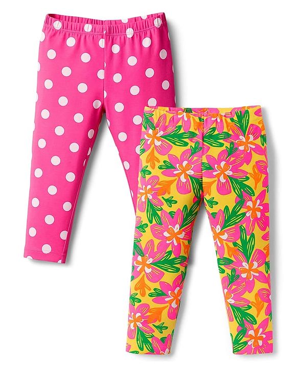Babyhug Knit Full Length Leggings With Polka Dots & Floral Print Pack of 2  - Dark Pink & Yellow